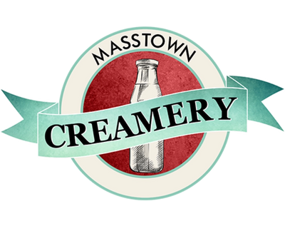 Logo of Masstown Creamery with a milk bottle illustration on a white background