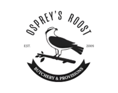 Logo of Osprey's Roost Butchery & Provisions with a bird on a branch.