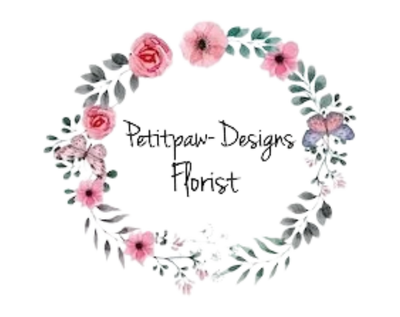 Floral wreath design with 'Petitpaw Designs Florist' text on a white background