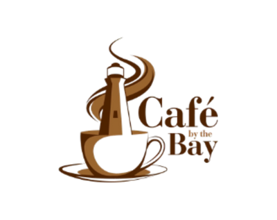 Logo of Café by the Bay featuring a coffee cup and saucer with steam.