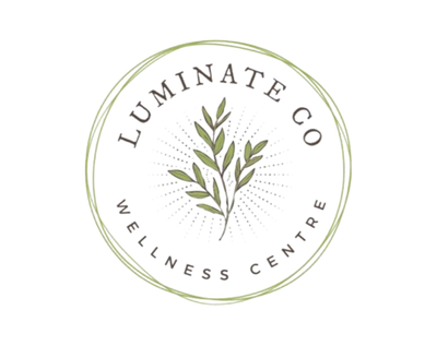 Logo of Luminate Co Wellness Centre with a leaf design on a white background