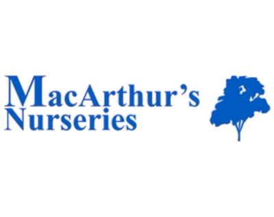 MacArthur's Nurseries logo with blue text and tree icon on a white background