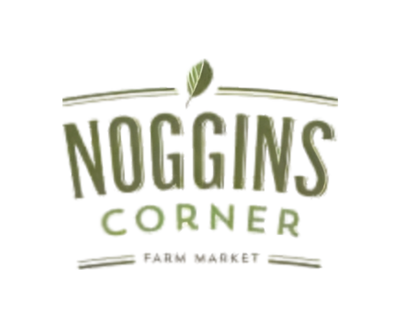Logo of Noggins Corner Farm Market with a leaf symbol above the text on a white background.