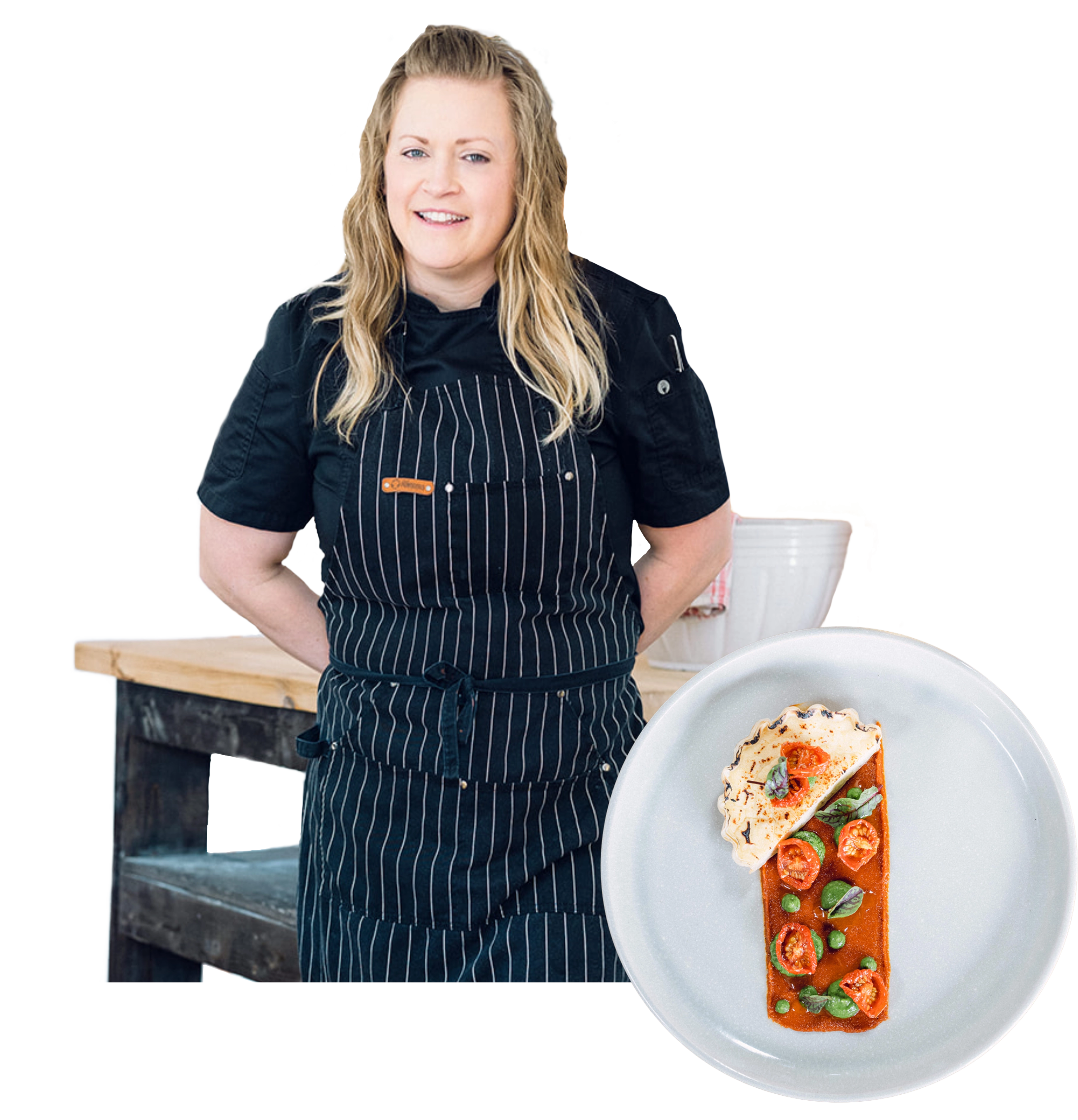 Woman in a chef's uniform standing next to a plate of food on a transparent background.