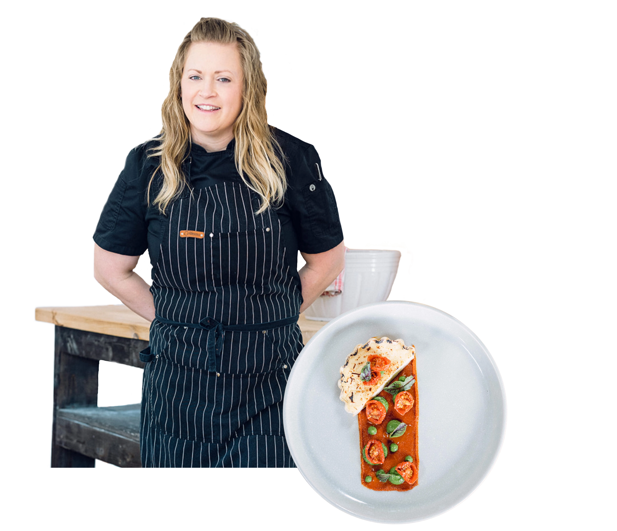 Woman wearing a chef's uniform with a dish of food on a transparent background