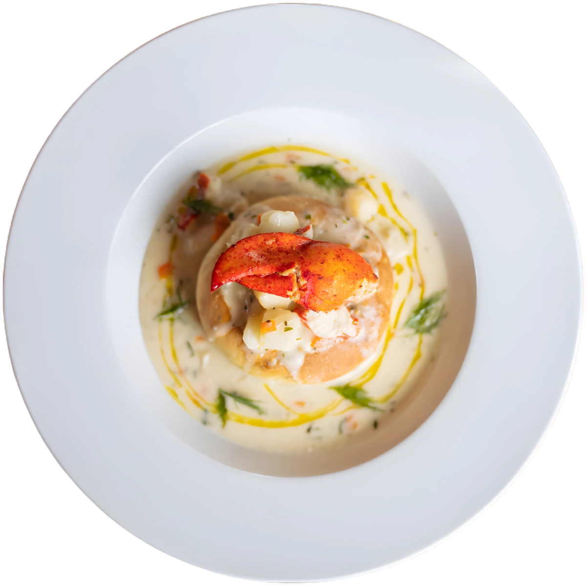 Lobster dish with creamy sauce on a white plate