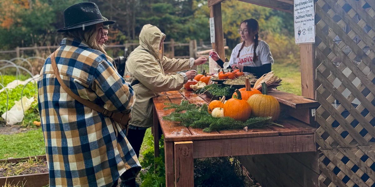 Guests enjoying tastings at a pumpkin-decorated food stall at Lupin’s Eastern Shore Harvest Food Festival.