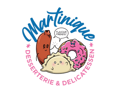 Logo of Martinique Desserterie & Delicatessen with cartoon food characters on a white background