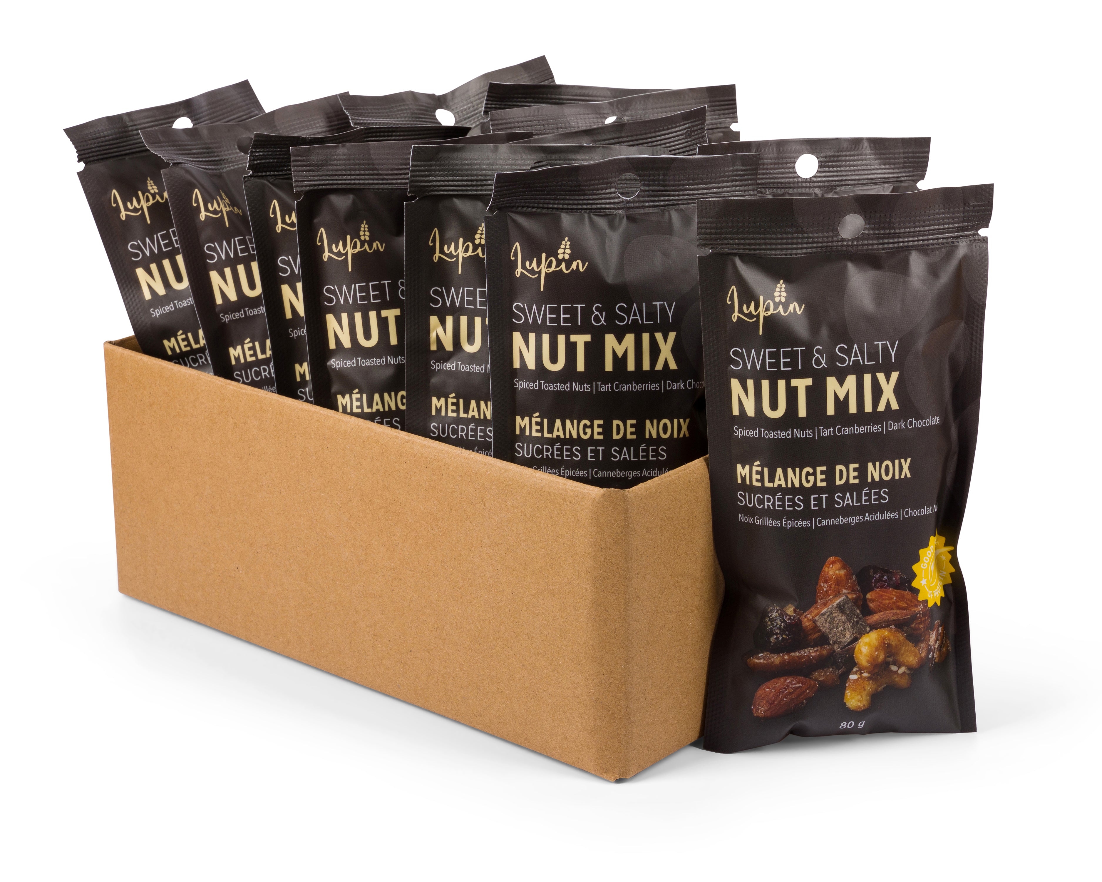 Multiple packages of Lupin Sweet & Salty Nut Mix in a cardboard holder on a white background