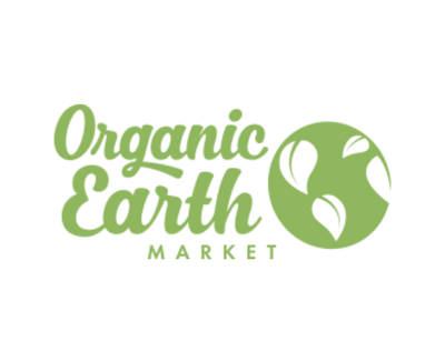 Logo of Organic Earth Market with green text and leaf design on a white background