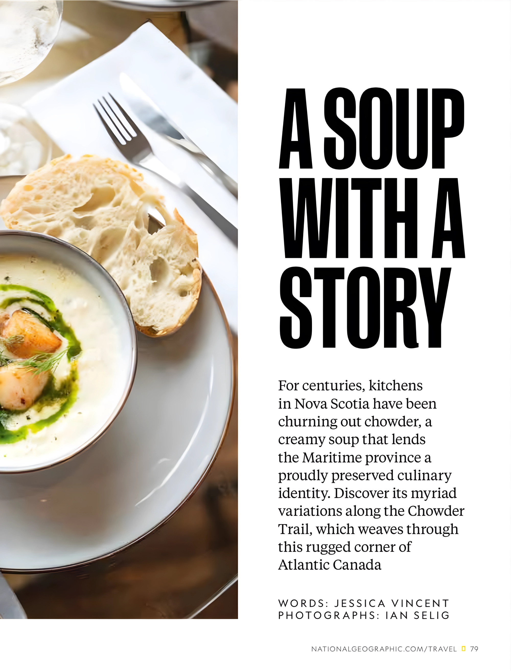 Magazine article with image of creamy soup with a side of bread on a plate, accompanied by text about Chowder Trail in Nova Scotia.