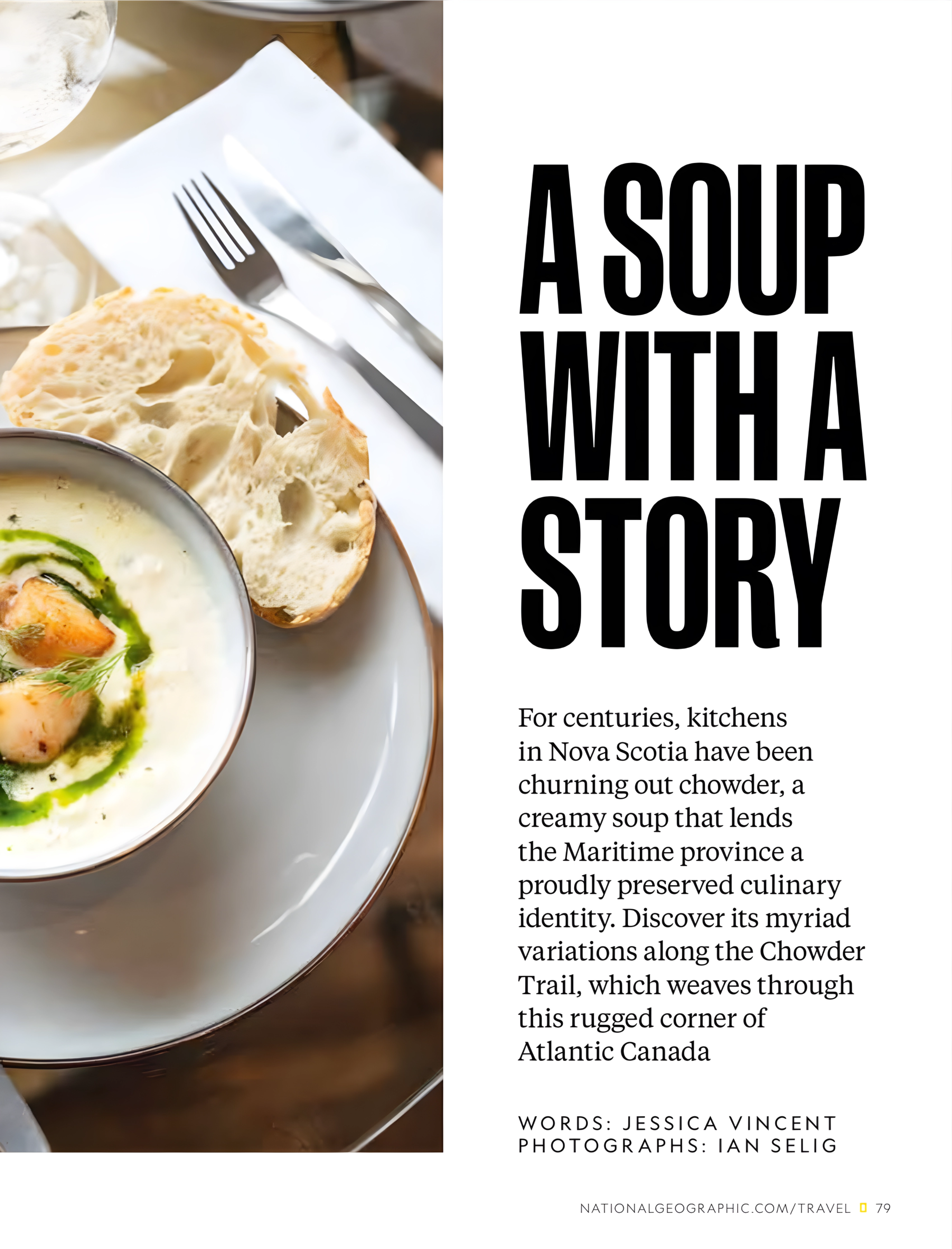 Magazine article with image of creamy soup with a side of bread on a plate, accompanied by text about Chowder Trail in Nova Scotia.
