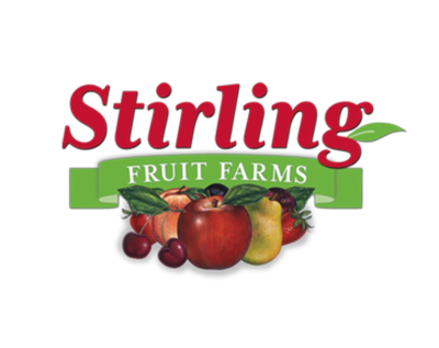 Stirling Fruit Farms logo with fruits on a white background